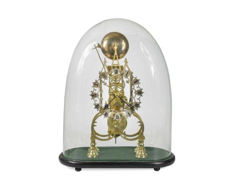 A Victorian skeleton clock,of typical form, with single fusee movement and bell strike, under a glass dome42cm high including