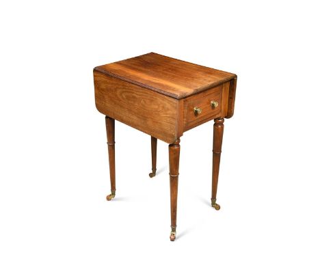 the rounded rectangular hinged top above a single chamfered drawer, raised on turned legs with ceramic casters,70 x 51 x 38cm