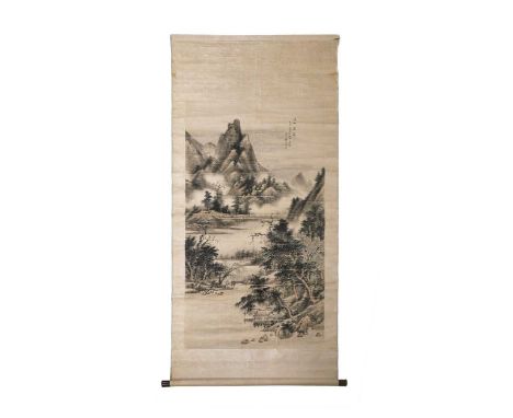 A Chinese landscape scroll painting, late Qing Dynasty,depicting figures amongst pavilions in an extensive mountain landscape