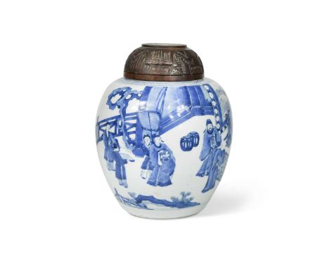 A Chinese blue and white ginger jar, Qing Dynasty, Kangxi (1662-1722),painted with a scene from Romance of The Western Chambe