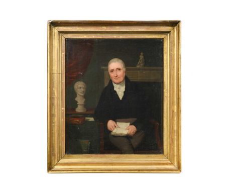 English School, 19th CenturyPortrait of a collector, seated in his study beside marble busts and booksoil on canvas34 x 29cmC