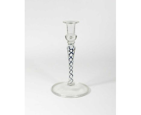 An unusual blue opaque twist candlestick, late 19th/early 20th centurythe urn nozzle over a tapered stem with entwined blue t
