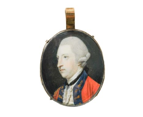 Portrait miniature of an officer, c. 1775, in a royal regiment or on the staff, wearing a red regimental uniform with blue fa