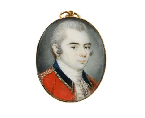 Portrait miniature of a cavalry officer, c. 1785, wearing a red regimental uniformwatercolour on ivory4 x 3.5cm