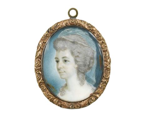 Portrait miniature of a lady of the Adye family, c. 1785, wearing a veil over powdered hair watercolour on ivory3.6 x 3cmProv