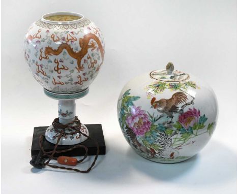 A Chinese famille rose porcelain ovoid vase and cover, Republic Period,painted with three fowls amongst shrubs and peonies, p