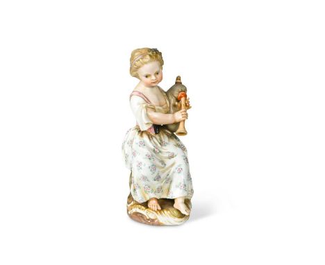 A Meissen porcelain figure of a young girl playing the bagpipes, 19th century,after the model by J. J. Kändler, model 2558, c