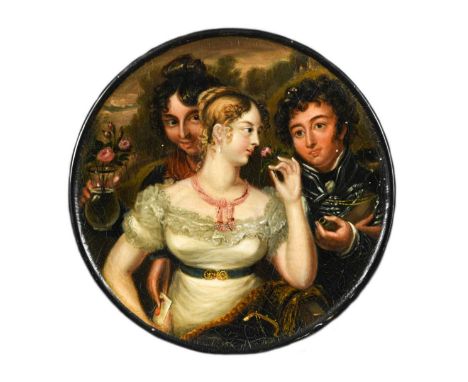 A lacquered papier maché snuff box, the circular top depicting a clandestine meeting between Princess Charlotte of Wales (179