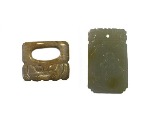 A Chinese pale celadon jade plaque, 20th century,carved on one side with a scholar at his desk, the other with eight characte