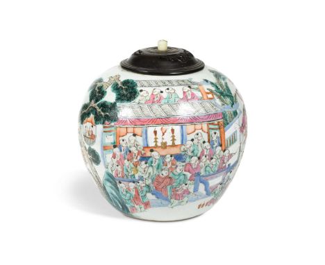 A Chinese famille rose Boys Parade ginger jar, Qing Dynasty, probably Tongzhi (1862-1874),with dragon masks, dragon boats, ho