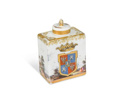 A Meissen armorial tea canister and cover with the arms of Tiepolo of Venice, circa 1730,the rectangular body painted with th