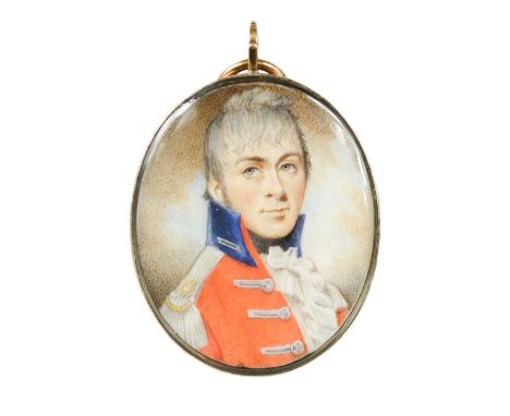 Portrait miniature of an officer of the 5th Royal Irish Dragoons, c.1795. The buttons inscribed "V R I D”, with a gilt harp o