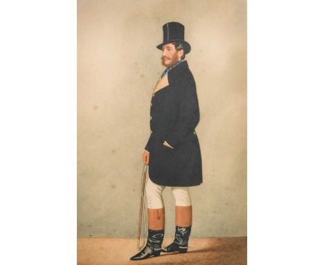 Portrait of Henry, 8th Duke of Beaufort K.G. (1824-1899), standing, full-length, a riding crop in his right hand watercolour 