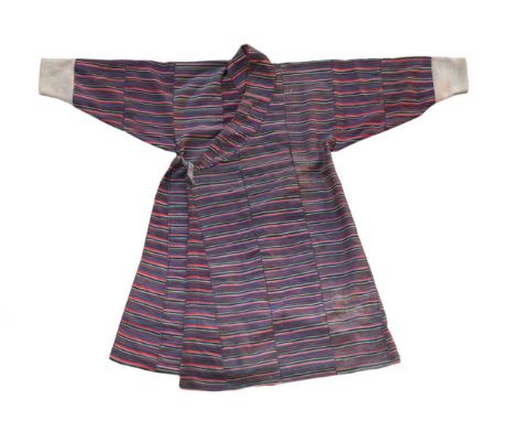 A rare man’s yak wool Gho, Bhutan, early 20th century,woven in narrow strip panels on a treadle loom, multi-coloured stripes 