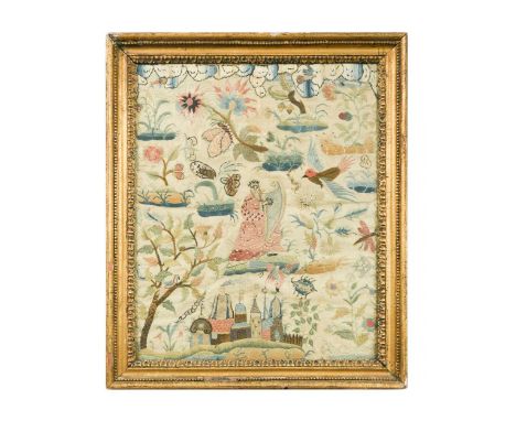 An embroidered needlework picture, 17th century,possibly depicting King David playing the harp amidst foliage and fauna, fram