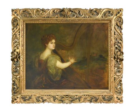 Franz Seraph von Lenbach (German, 1836-1904)A Portrait of a lady, said to be Maria von Komma playing the harpsigned and dated