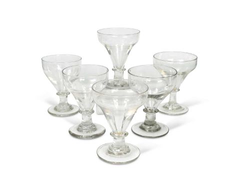 A set of six rummers, circa 1800,wih tapering circular bowls on knopped stems, two inscribed 'J. J. Cuckrell', 14.5cm highCon