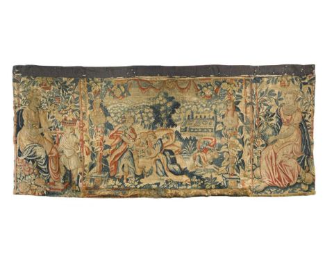 A tapestry fragment, early 17th century,worked with figures in a landscape, a walled garden beyond74 x 166cmProvenance: A Bat