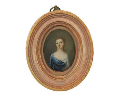 Portrait miniature of a young lady in a white dress and blue wrapoil on copper6.5 x 4.5cmProvenance: Property of the late Mic