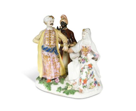 A Meissen porcelain figure group of Die Polniche Verlobung, circa 1745, probably by J. J. Kändler,,the turbaned sultan holdin