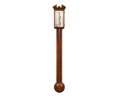 A George III mahogany stick barometer, early 19th century,the silvered register signed 'Quartermaine, Aylesbury', visible tub