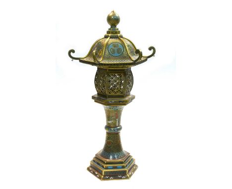 A Japanese cloisonne enamel lantern, early 20th century,of hexagonal form, the swept roof decorated with Tokugawa Aoi mon rou