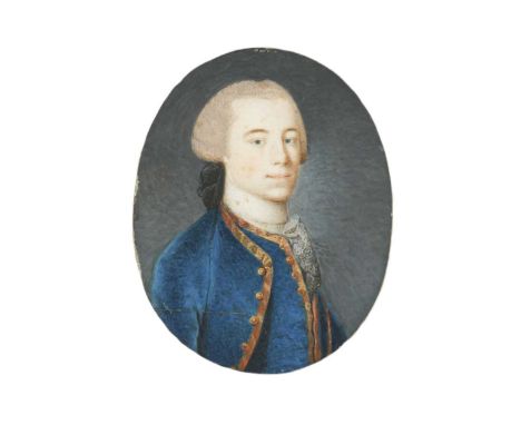 Three portrait miniatures; to include, a young gentleman wearing a blue jacket with his hair worn en queue, watercolour on iv