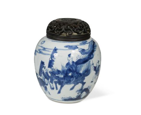 A Chinese blue and white porcelain ginger jar, Qing Dynasty, Kangxi (1662-1722),painted with six boys playing with a kirin on