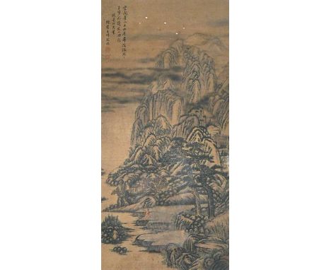 A Chinese scroll painting on silk, in Ming Style,depicting a fisherman in a mountain landscape, 79 x 39cm; together with a re