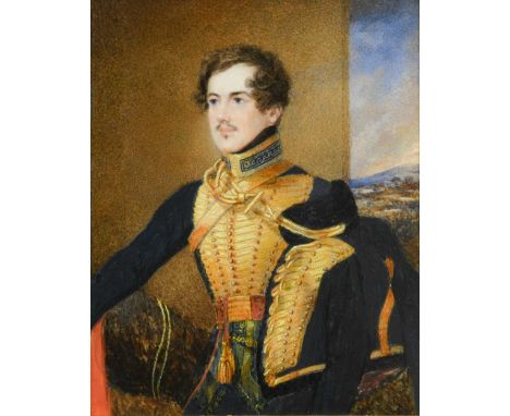 Portrait miniature of Lieutenant Andrew Hugh Houstoun of Clerkington, half-length, wearing the uniform of the 7th Hussars, ho