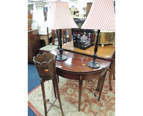 MAHOGANY &amp; ROSEWOOD BANDED DEMILUNE FOLDING CARD TABLE, late George III c. 1790, 91cms (w), oak coopered jardiniere on st
