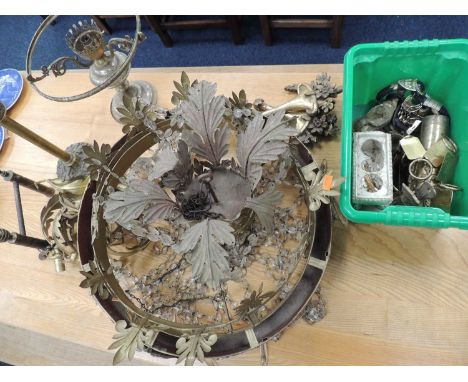 GILT COLOURED PRESSED METAL HANDING CHANDELIER, and other mixed metalware including brass peg lampProvenance: The Cornelia Ba