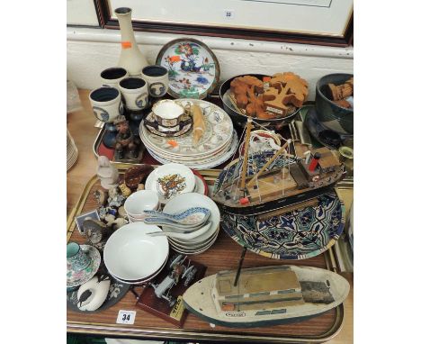 VARIOUS CERAMIC &amp; WOODEN ORNAMENTS, including Staffordshire lurcher figure, model boats (2 trays)