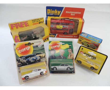 DINKY ROUTEMASTER BUS (boxed), Lledo Castrol van (boxed), three blister pack Corgi cars including The Professionals Capri, an