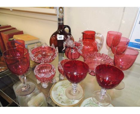 COLLECTION OF ANTIQUE CRANBERRY GLASS, together with amber glass whisky flask