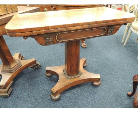 LATE REGENCY ROSEWOOD FOLDING PEDESTAL CARD TABLE c. 1820, 78 (h) x 90.5cms (w)Provenance: private collection Wrexham