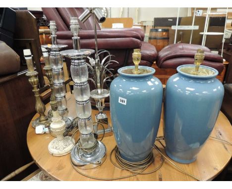 PAIR OF BLUE CRACKLE GLAZED PORCELAIN VASE TABLE LAMPS, 48cms (h) to the fitting, pair of glass and chrome table lamps, 60cms