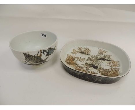 ROYAL COPENHAGEN CERAMIC FOOTED BOWL, irregular shape, decorated in the Chinese style with carp, together with a similar oval