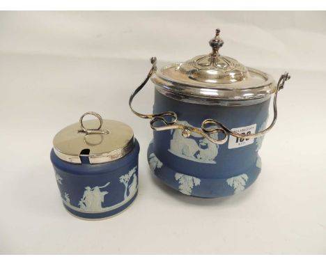 WEDGWOOD BLUE JASPERWARE BISCUIT BARREL, with EPNS cover and handle, together with a similar lidded sucrier