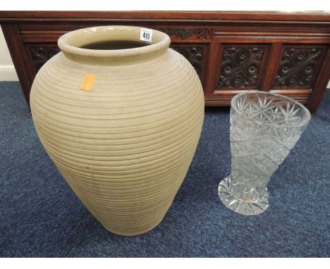 LARGE STONEWARE RIBBED OVOID VASE, 46cms (h), and a cut crystal glass vase (2)Provenance: private collection Cheshire