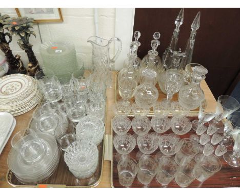 LARGE QUANTITY OF MIXED GLASS, including etched glass, wine glasses, decanters, claret jug, etc.