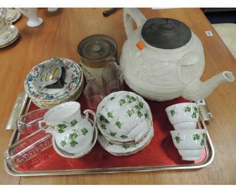 VICTORIAN SALT GLAZED LARGE TEAPOT, along with Colclough China teawares, pyrex bottles, vintage AA badge, etc.