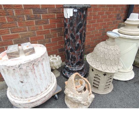 CARVED ALABASTER URN, 35cms (h), simulated marble painted column (concrete), 116cms (h), concrete column base, 56 (h) x 50cms