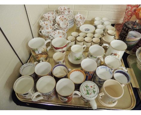 TWO TRAYS ASSORTED CHINA including commemorative mugs, Worcester coffee cans and saucers, Autumnal leaf teaware etc.