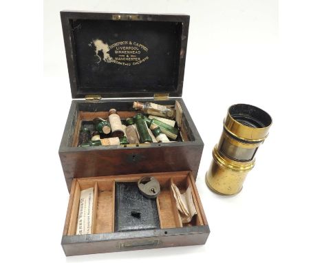 LATE VICTORIAN WALNUT HOMEOPATHIC MEDICINE CHEST, containing a number of old labelled bottles, along with a French lacquered 
