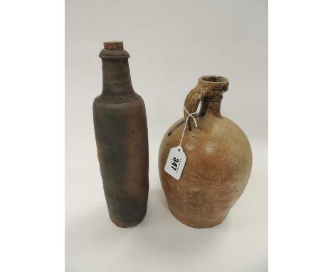 TUDOR STYLE STONEWARE FLAGON, with mottle green glazed neck, 26.5cms (h), and a stoneware corked flask (2)