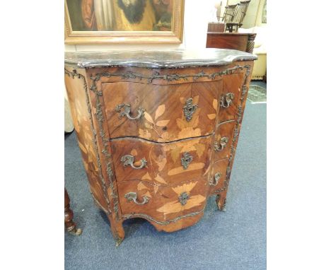 ITALIAN WALNUT AND MARQUETRY COMMODE, late 19th Century, with black painted white marble top, width 83cm, depth 47cm, height 