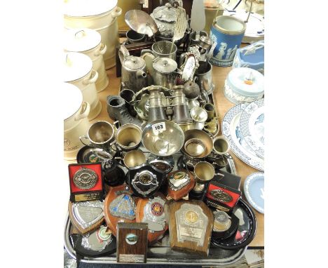 ASSORTED METALWARE, including trophies, vintage sporting binoculars, etc.