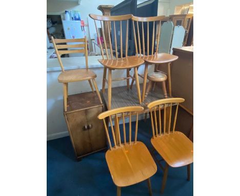 FOUR BEECH STICK BACK KITCHEN CHAIRS, Formica top kitchen table, further chair, two-door cabinet, and small stool (8)