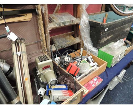 WOODEN STEPS, projector, tripod, assorted tools, and wooden stepladders